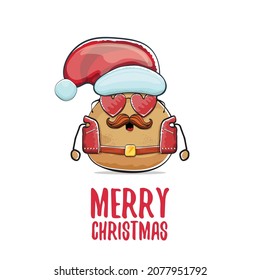 vector rock star Santa potato funny cartoon cute character with red Santa hat and calligraphic merry Christmas text isolated on white background. rock n roll Christmas party poster