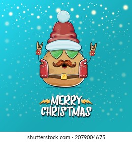 vector rock star Santa potato funny cartoon cute character with red Santa hat and calligraphic merry Christmas text isolated on a turquoise background with snow. rock n roll Christmas party poster