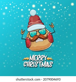 vector rock star Santa potato funny cartoon cute character with red Santa hat and calligraphic merry Christmas text isolated on a turquoise background with snow. rock n roll Christmas party poster