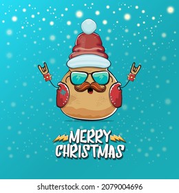vector rock star Santa potato funny cartoon cute character with red Santa hat and calligraphic merry Christmas text isolated on a turquoise background with snow. rock n roll Christmas party poster