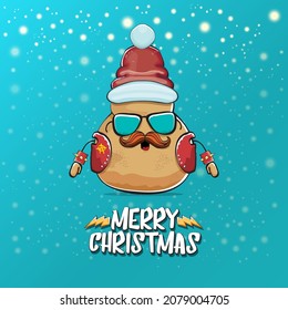 vector rock star Santa potato funny cartoon cute character with red Santa hat and calligraphic merry Christmas text isolated on a turquoise background with snow. rock n roll Christmas party poster