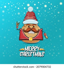 vector rock star Santa potato funny cartoon cute character with red Santa hat and calligraphic merry Christmas text isolated on a turquoise background with snow. rock n roll Christmas party poster