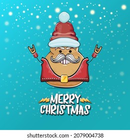 vector rock star Santa potato funny cartoon cute character with red Santa hat and calligraphic merry Christmas text isolated on a turquoise background with snow. rock n roll Christmas party poster