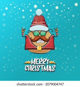 vector rock star Santa potato funny cartoon cute character with red Santa hat and calligraphic merry Christmas text isolated on a turquoise background with snow. rock n roll Christmas party poster