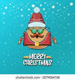 vector rock star Santa potato funny cartoon cute character with red Santa hat and calligraphic merry Christmas text isolated on a turquoise background with snow. rock n roll Christmas party poster