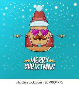 vector rock star Santa potato funny cartoon cute character with red Santa hat and calligraphic merry Christmas text isolated on a turquoise background with snow. rock n roll Christmas party poster