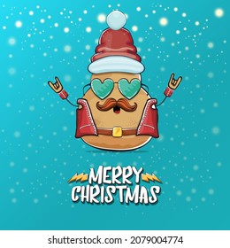 vector rock star Santa potato funny cartoon cute character with red Santa hat and calligraphic merry Christmas text isolated on a turquoise background with snow. rock n roll Christmas party poster