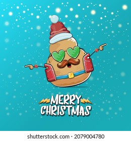 vector rock star Santa potato funny cartoon cute character with red Santa hat and calligraphic merry Christmas text isolated on a turquoise background with snow. rock n roll Christmas party poster