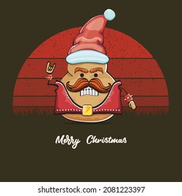 vector rock star Santa potato funny cartoon cute character with red Santa hat and calligraphic merry Christmas text isolated on vintage retro background with retro stripped sun. Christmas party poster