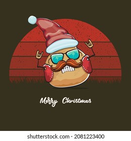 vector rock star Santa potato funny cartoon cute character with red Santa hat and calligraphic merry Christmas text isolated on vintage retro background with retro stripped sun. Christmas party poster
