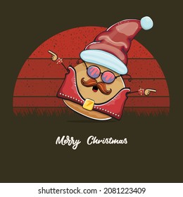 vector rock star Santa potato funny cartoon cute character with red Santa hat and calligraphic merry Christmas text isolated on vintage retro background with retro stripped sun. Christmas party poster