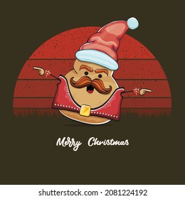 vector rock star Santa potato funny cartoon cute character with red Santa hat and calligraphic merry Christmas text isolated on vintage retro background with retro stripped sun. Christmas party poster