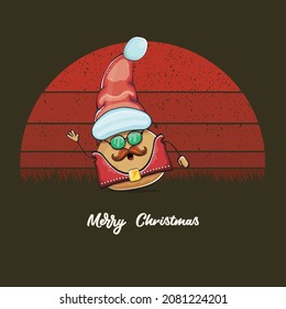 vector rock star Santa potato funny cartoon cute character with red Santa hat and calligraphic merry Christmas text isolated on vintage retro background with retro stripped sun. Christmas party poster