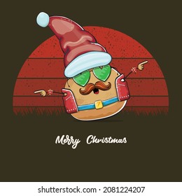 vector rock star Santa potato funny cartoon cute character with red Santa hat and calligraphic merry Christmas text isolated on vintage retro background with retro stripped sun. Christmas party poster