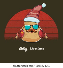 vector rock star Santa potato funny cartoon cute character with red Santa hat and calligraphic merry Christmas text isolated on vintage retro background with retro stripped sun. Christmas party poster