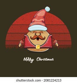 vector rock star Santa potato funny cartoon cute character with red Santa hat and calligraphic merry Christmas text isolated on vintage retro background with retro stripped sun. Christmas party poster