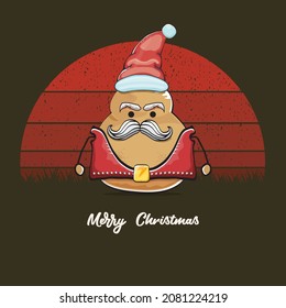 vector rock star Santa potato funny cartoon cute character with red Santa hat and calligraphic merry Christmas text isolated on vintage retro background with retro stripped sun. Christmas party poster