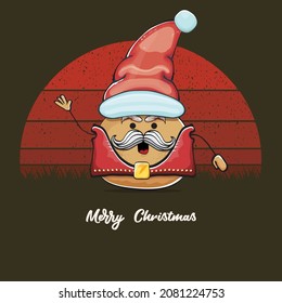 vector rock star Santa potato funny cartoon cute character with red Santa hat and calligraphic merry Christmas text isolated on vintage retro background with retro stripped sun. Christmas party poster