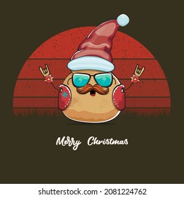 vector rock star Santa potato funny cartoon cute character with red Santa hat and calligraphic merry Christmas text isolated on vintage retro background with retro stripped sun. Christmas party poster