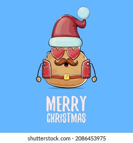 vector rock star Santa potato funny cartoon cute character with red Santa hat and calligraphic merry Christmas text isolated on blue background. Christmas party poster or card