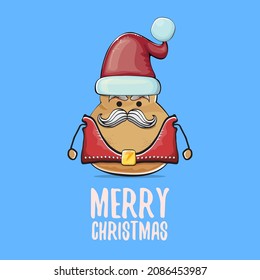 vector rock star Santa potato funny cartoon cute character with red Santa hat and calligraphic merry Christmas text isolated on blue background. Christmas party poster or card