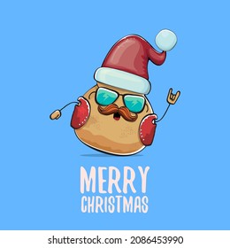 vector rock star Santa potato funny cartoon cute character with red Santa hat and calligraphic merry Christmas text isolated on blue background. Christmas party poster or card