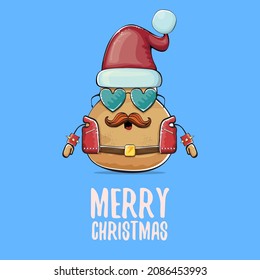 vector rock star Santa potato funny cartoon cute character with red Santa hat and calligraphic merry Christmas text isolated on blue background. Christmas party poster or card