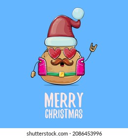 vector rock star Santa potato funny cartoon cute character with red Santa hat and calligraphic merry Christmas text isolated on blue background. Christmas party poster or card