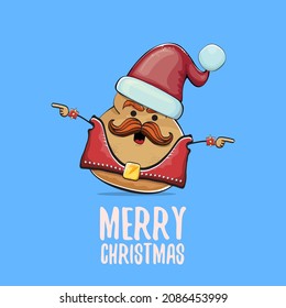 vector rock star Santa potato funny cartoon cute character with red Santa hat and calligraphic merry Christmas text isolated on blue background. Christmas party poster or card