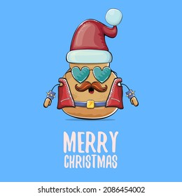 vector rock star Santa potato funny cartoon cute character with red Santa hat and calligraphic merry Christmas text isolated on blue background. Christmas party poster or card