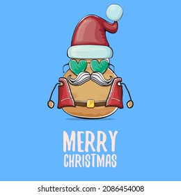 vector rock star Santa potato funny cartoon cute character with red Santa hat and calligraphic merry Christmas text isolated on blue background. Christmas party poster or card