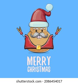 vector rock star Santa potato funny cartoon cute character with red Santa hat and calligraphic merry Christmas text isolated on blue background. Christmas party poster or card