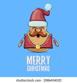 vector rock star Santa potato funny cartoon cute character with red Santa hat and calligraphic merry Christmas text isolated on blue background. Christmas party poster or card