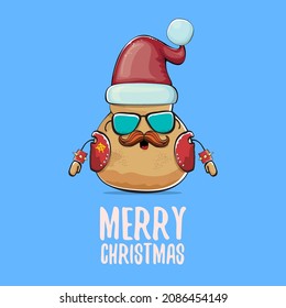 vector rock star Santa potato funny cartoon cute character with red Santa hat and calligraphic merry Christmas text isolated on blue background. Christmas party poster or card