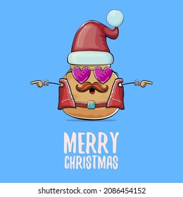 vector rock star Santa potato funny cartoon cute character with red Santa hat and calligraphic merry Christmas text isolated on blue background. Christmas party poster or card