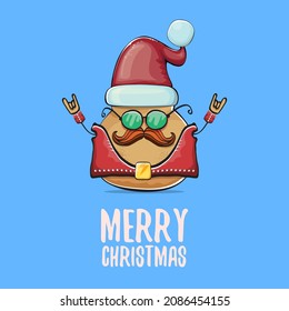 vector rock star Santa potato funny cartoon cute character with red Santa hat and calligraphic merry Christmas text isolated on blue background. Christmas party poster or card