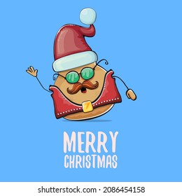 vector rock star Santa potato funny cartoon cute character with red Santa hat and calligraphic merry Christmas text isolated on blue background. Christmas party poster or card