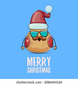 vector rock star Santa potato funny cartoon cute character with red Santa hat and calligraphic merry Christmas text isolated on blue background. Christmas party poster or card