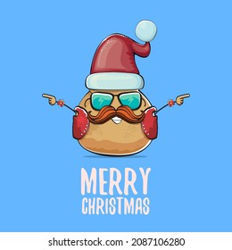 vector rock star Santa potato funny cartoon cute character with red Santa hat and calligraphic merry Christmas text isolated on blue background. Christmas party poster or card
