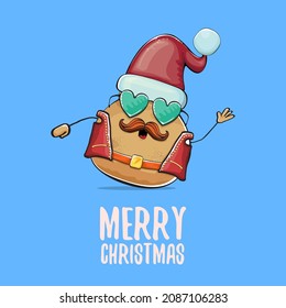 vector rock star Santa potato funny cartoon cute character with red Santa hat and calligraphic merry Christmas text isolated on blue background. Christmas party poster or card