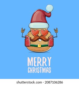 vector rock star Santa potato funny cartoon cute character with red Santa hat and calligraphic merry Christmas text isolated on blue background. Christmas party poster or card