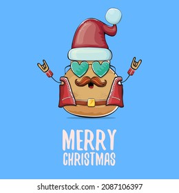 vector rock star Santa potato funny cartoon cute character with red Santa hat and calligraphic merry Christmas text isolated on blue background. Christmas party poster or card