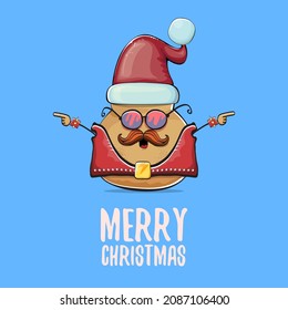 vector rock star Santa potato funny cartoon cute character with red Santa hat and calligraphic merry Christmas text isolated on blue background. Christmas party poster or card