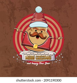 vector rock star Santa potato funny cartoon cute character with red Santa hat and calligraphic merry Christmas text. Christmas party crazy poster or greeting card