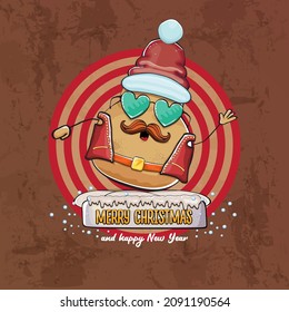 vector rock star Santa potato funny cartoon cute character with red Santa hat and calligraphic merry Christmas text. Christmas party crazy poster or greeting card