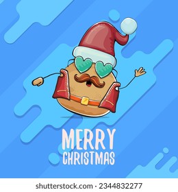 vector rock star Santa potato funny cartoon cute character with red Santa hat and calligraphic merry Christmas text isolated on abstract cartoon blue background. Christmas party poster or card