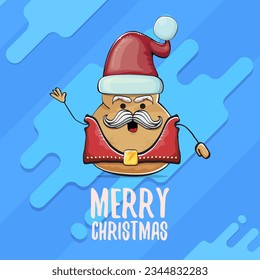 vector rock star Santa potato funny cartoon cute character with red Santa hat and calligraphic merry Christmas text isolated on abstract cartoon blue background. Christmas party poster or card