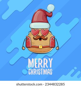vector rock star Santa potato funny cartoon cute character with red Santa hat and calligraphic merry Christmas text isolated on abstract cartoon blue background. Christmas party poster or card