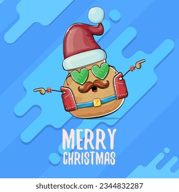 vector rock star Santa potato funny cartoon cute character with red Santa hat and calligraphic merry Christmas text isolated on abstract cartoon blue background. Christmas party poster or card
