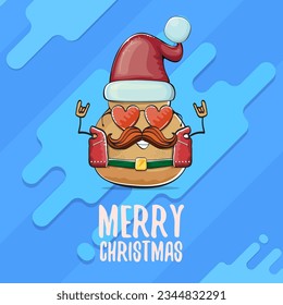 vector rock star Santa potato funny cartoon cute character with red Santa hat and calligraphic merry Christmas text isolated on abstract cartoon blue background. Christmas party poster or card